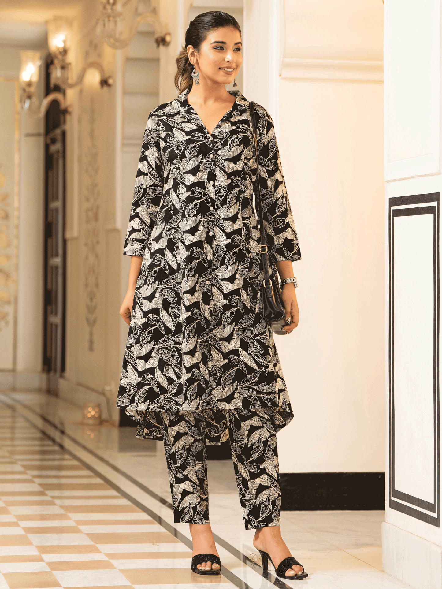 Soft Cotton Foliage High Low Black Kurta