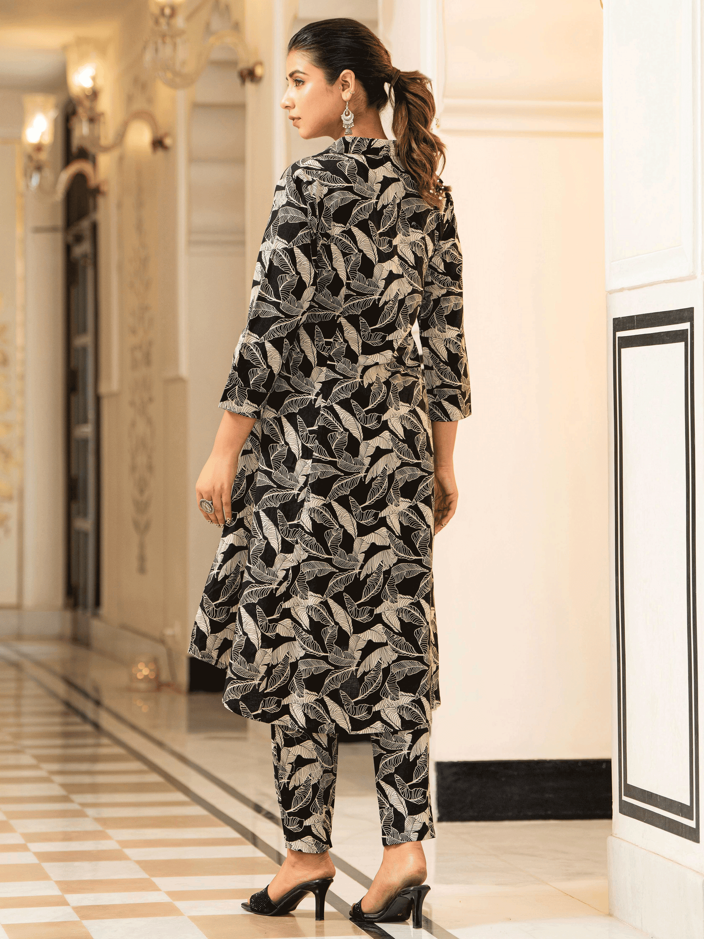 Soft Cotton Foliage High Low Black Kurta