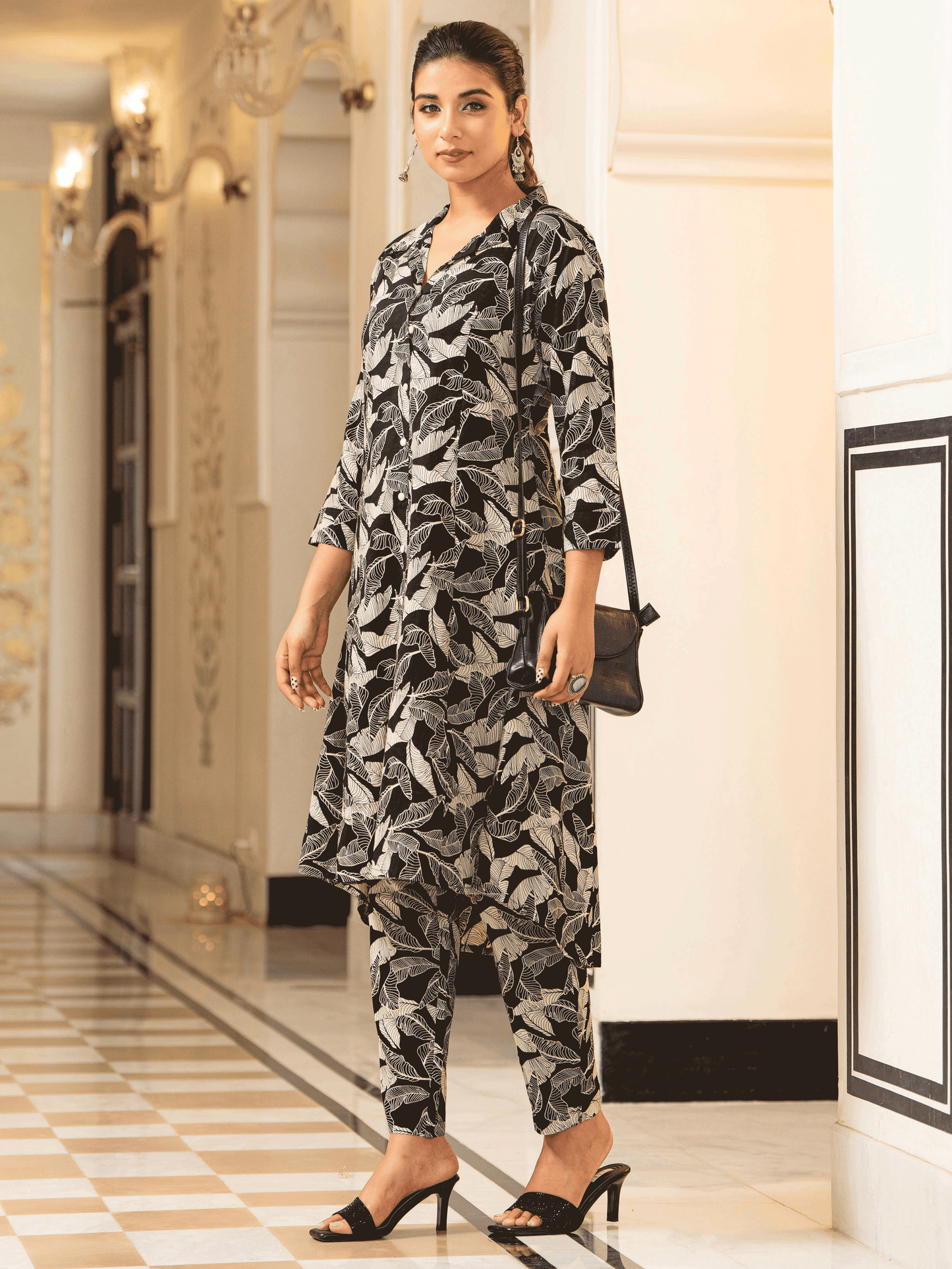 Soft Cotton Foliage High Low Black Kurta