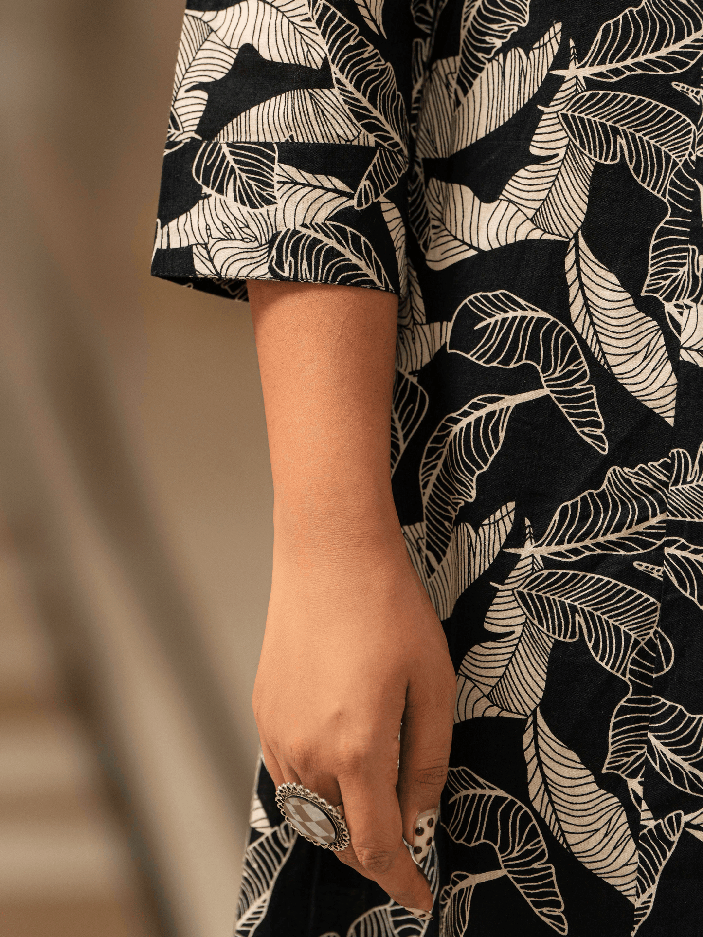 Soft Cotton Foliage High Low Black Kurta