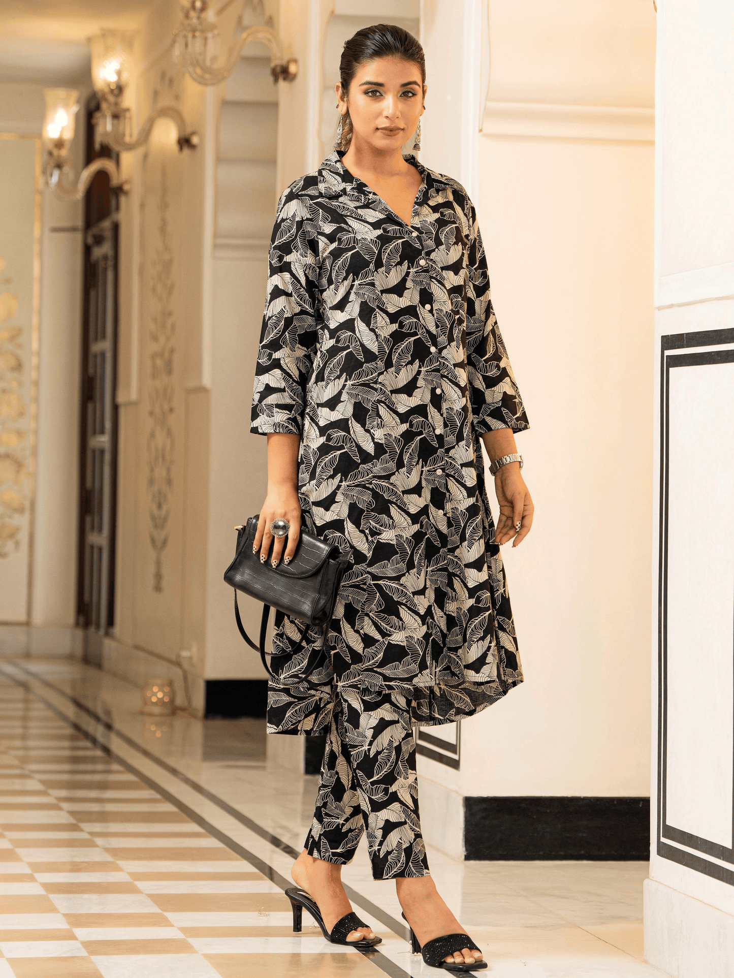 Soft Cotton Foliage High Low Black Kurta