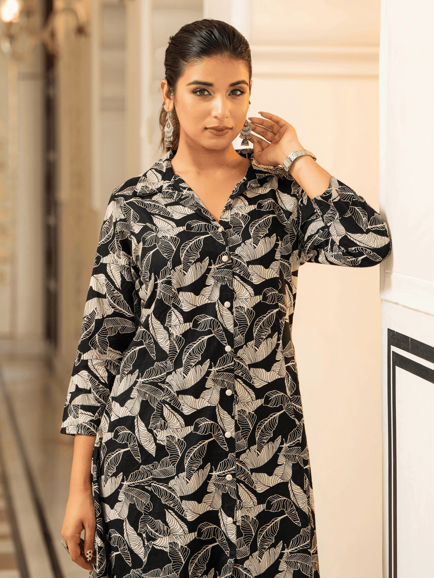 Soft Cotton Foliage High Low Black Kurta