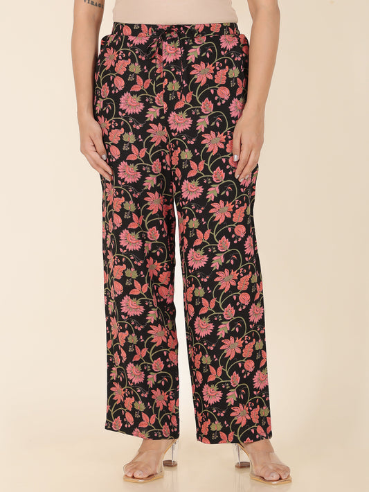 Viscose Floral Black Straight Trousers