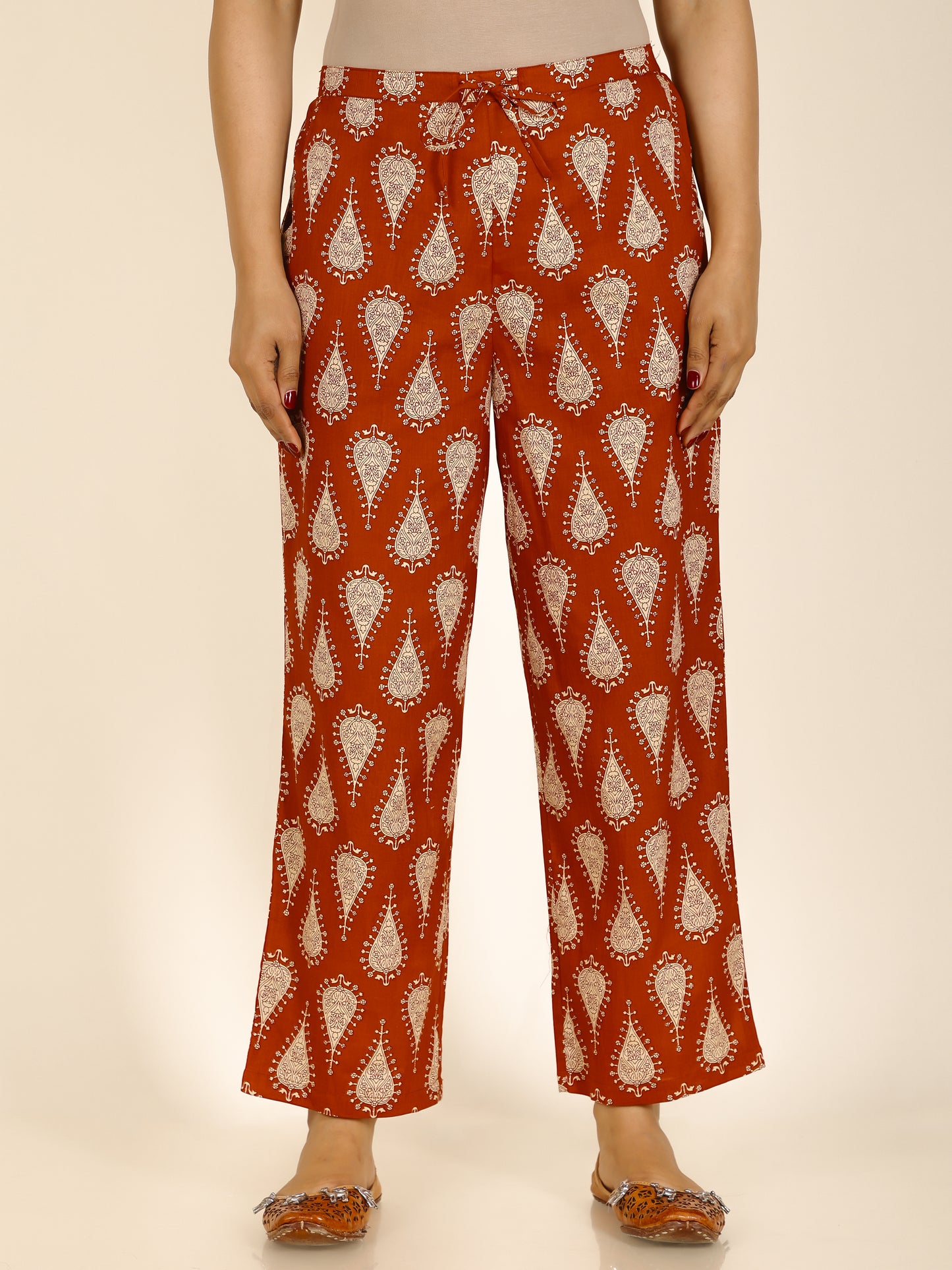 Soft Cotton Floral Rust Orange Straight Trousers