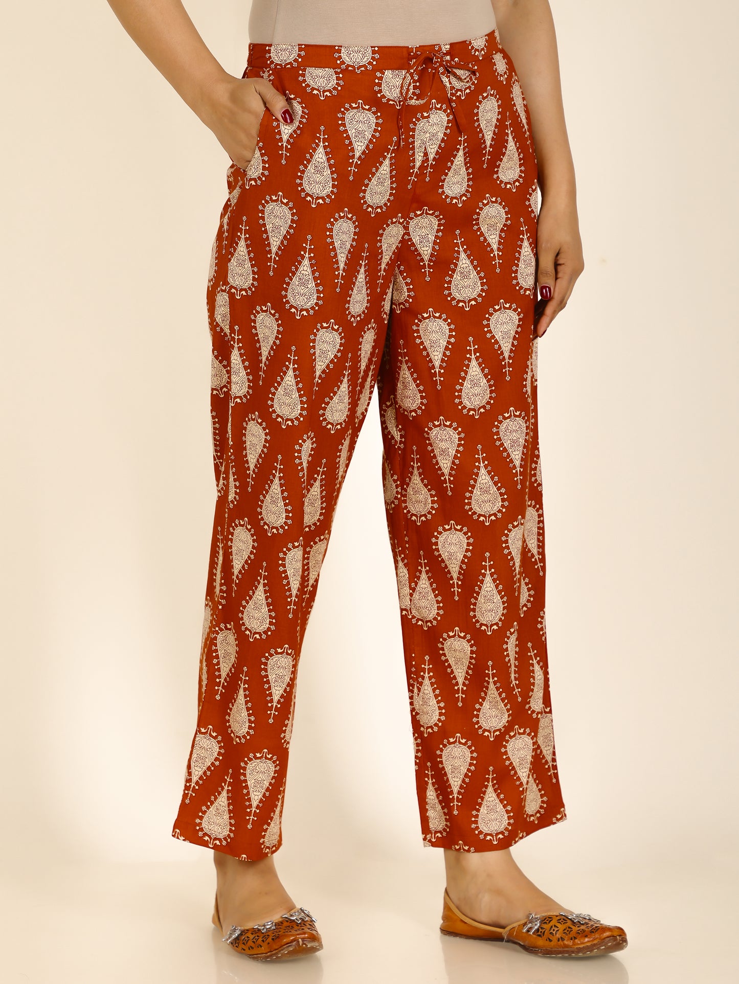 Soft Cotton Floral Rust Orange Straight Trousers