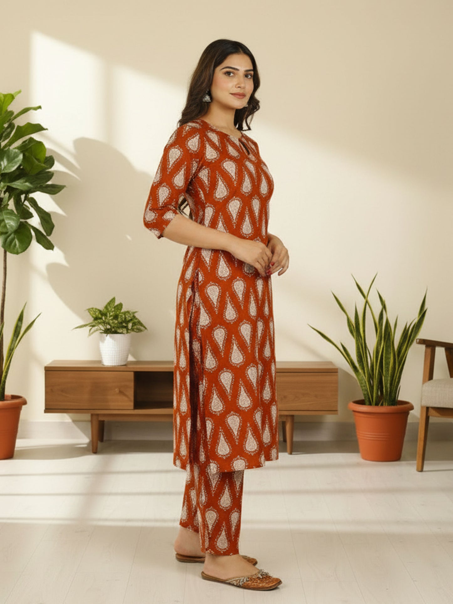 Soft Cotton Floral Straight Rust Orange Kurta