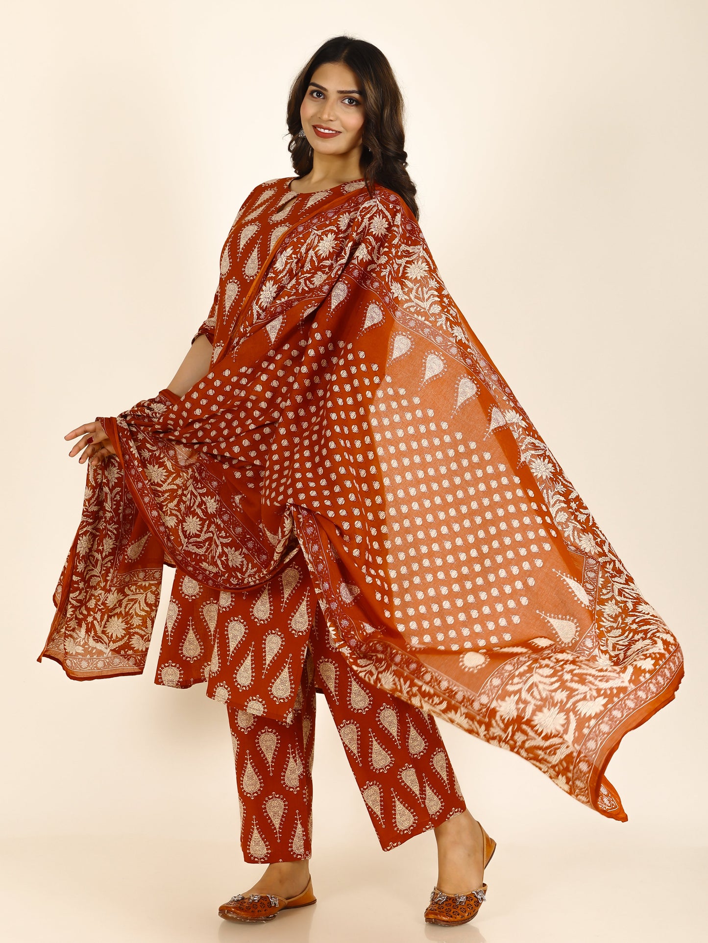 Soft Cotton Floral Straight Rust Orange Kurta