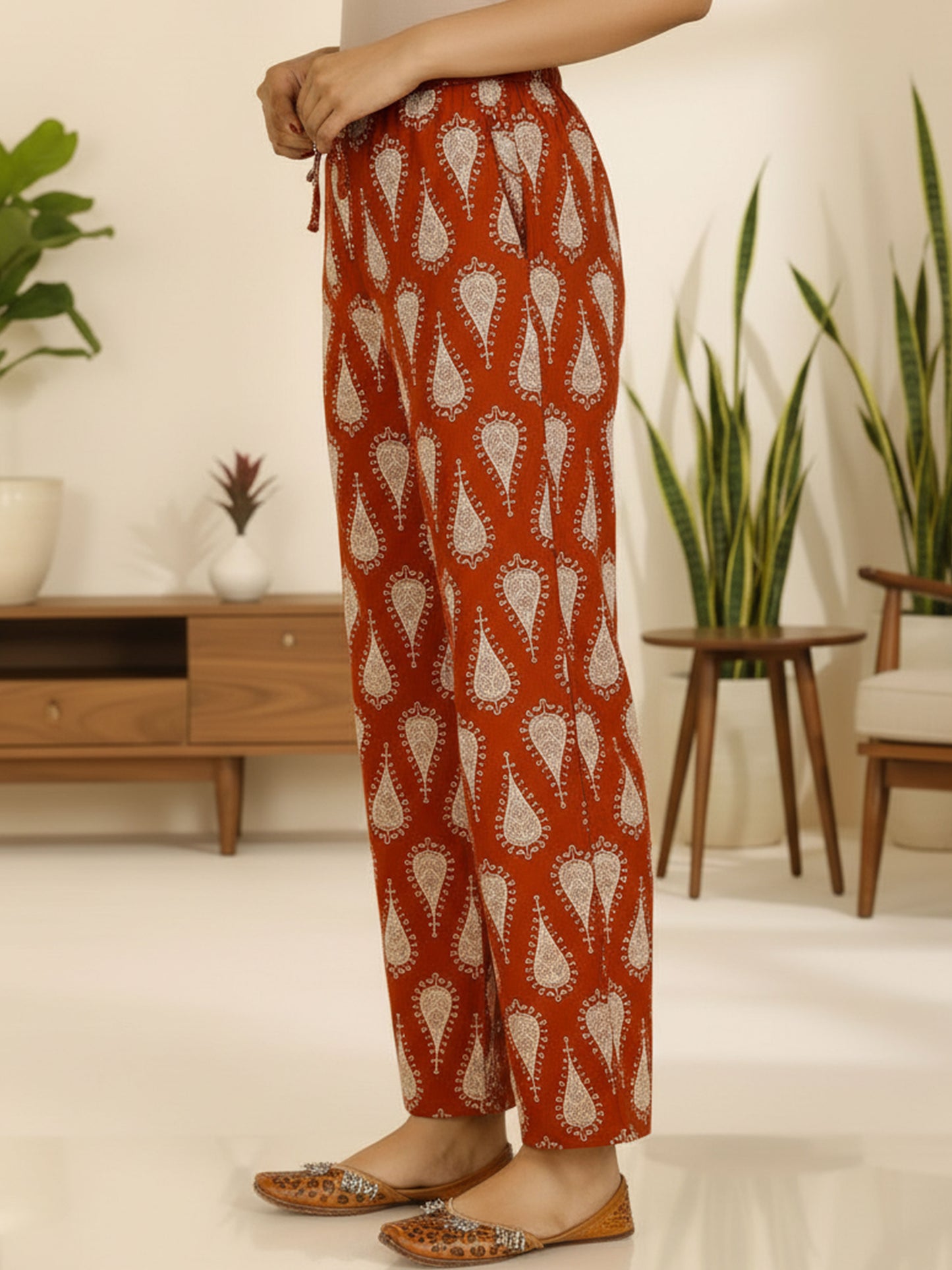 Soft Cotton Floral Rust Orange Straight Trousers