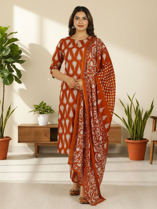 Cotton Voile Floral Orange Dupatta