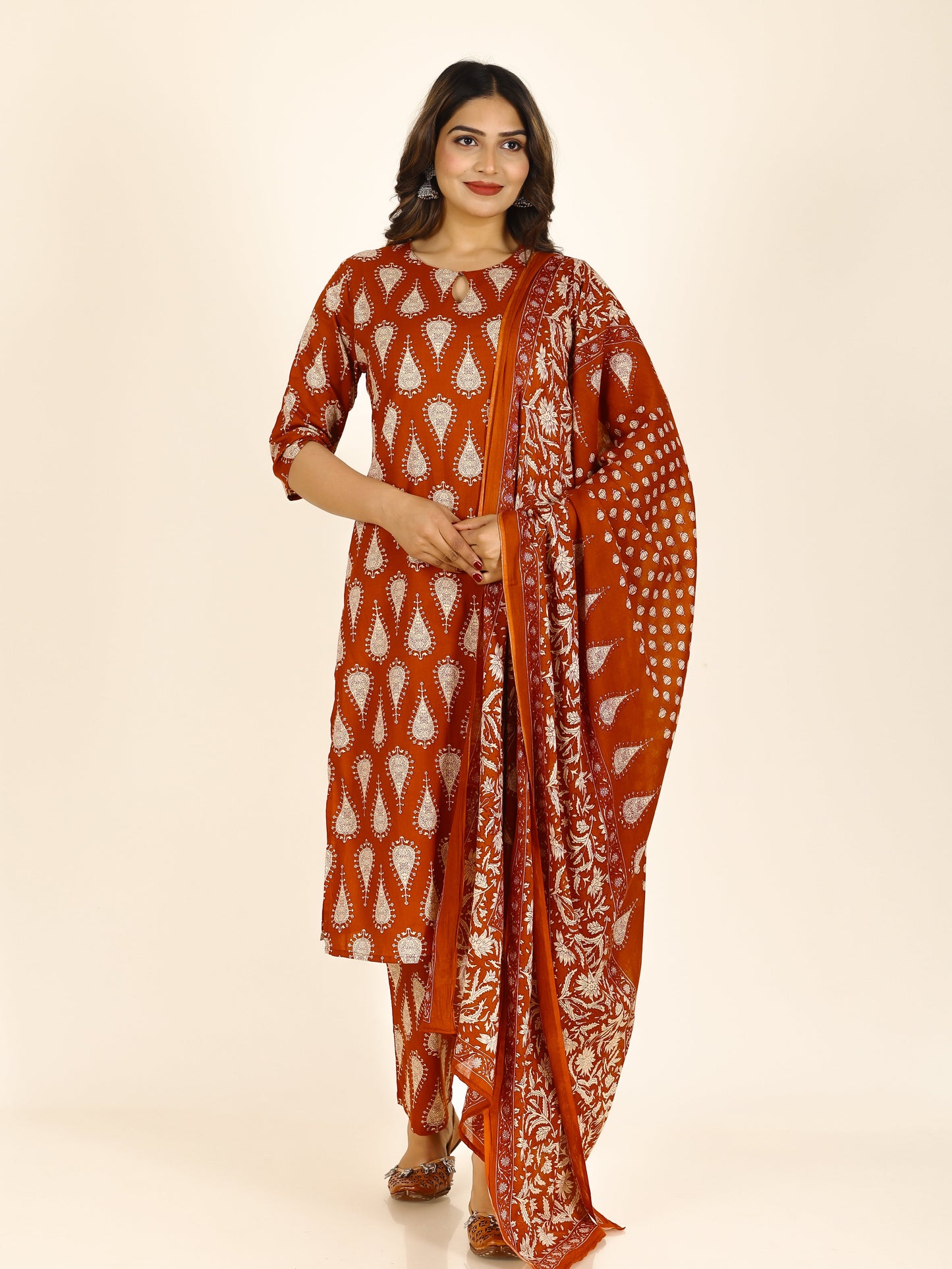 Soft Cotton Floral Straight Rust Orange Kurta