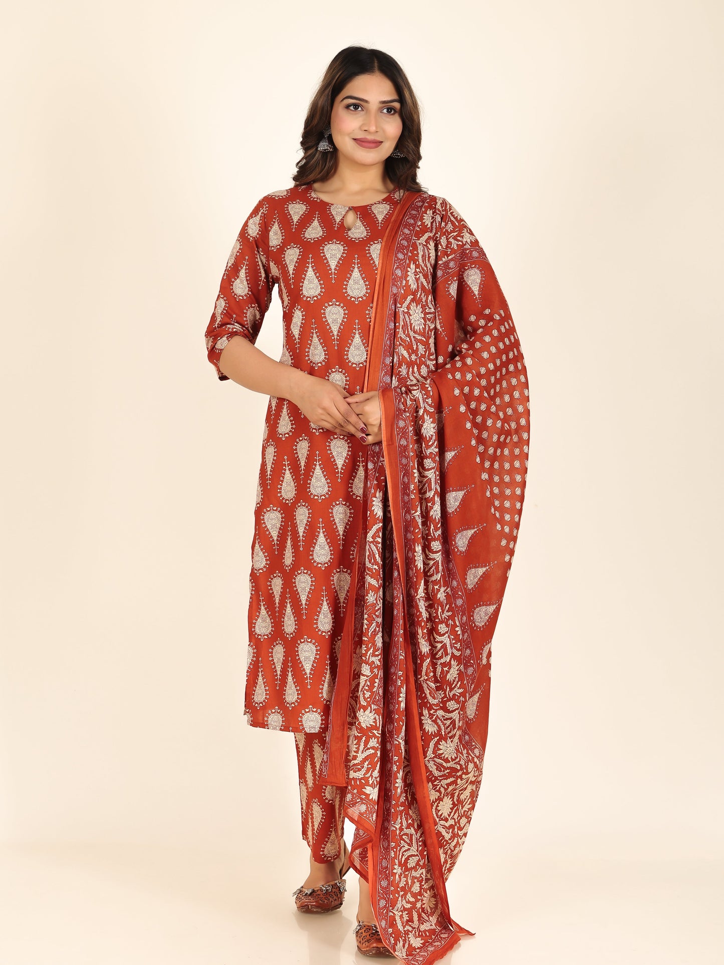 Soft Cotton Floral Straight Rust Orange Kurta