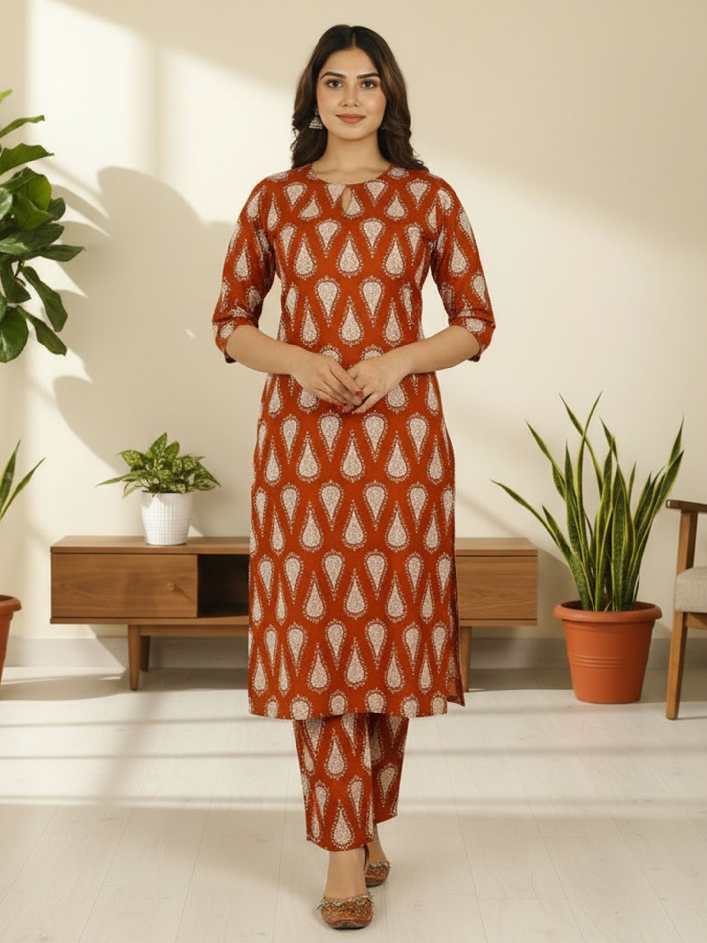 Soft Cotton Floral Straight Rust Orange Kurta