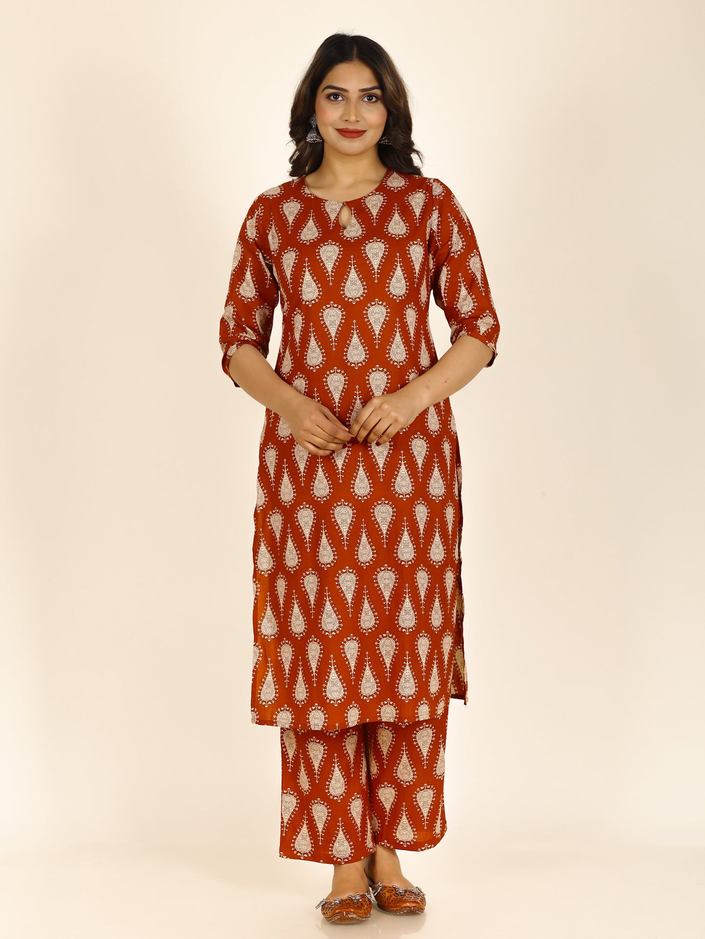 Soft Cotton Floral Straight Rust Orange Kurta