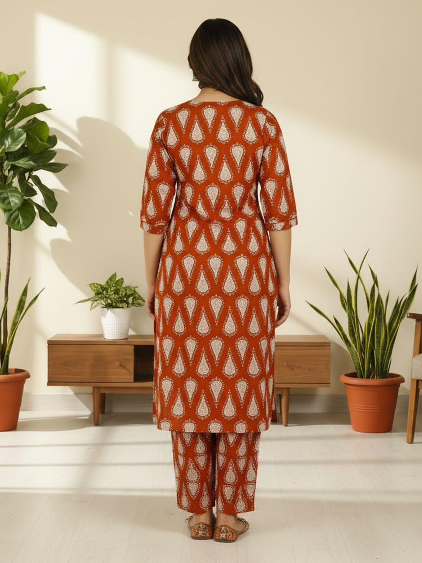 Soft Cotton Floral Straight Rust Orange Kurta