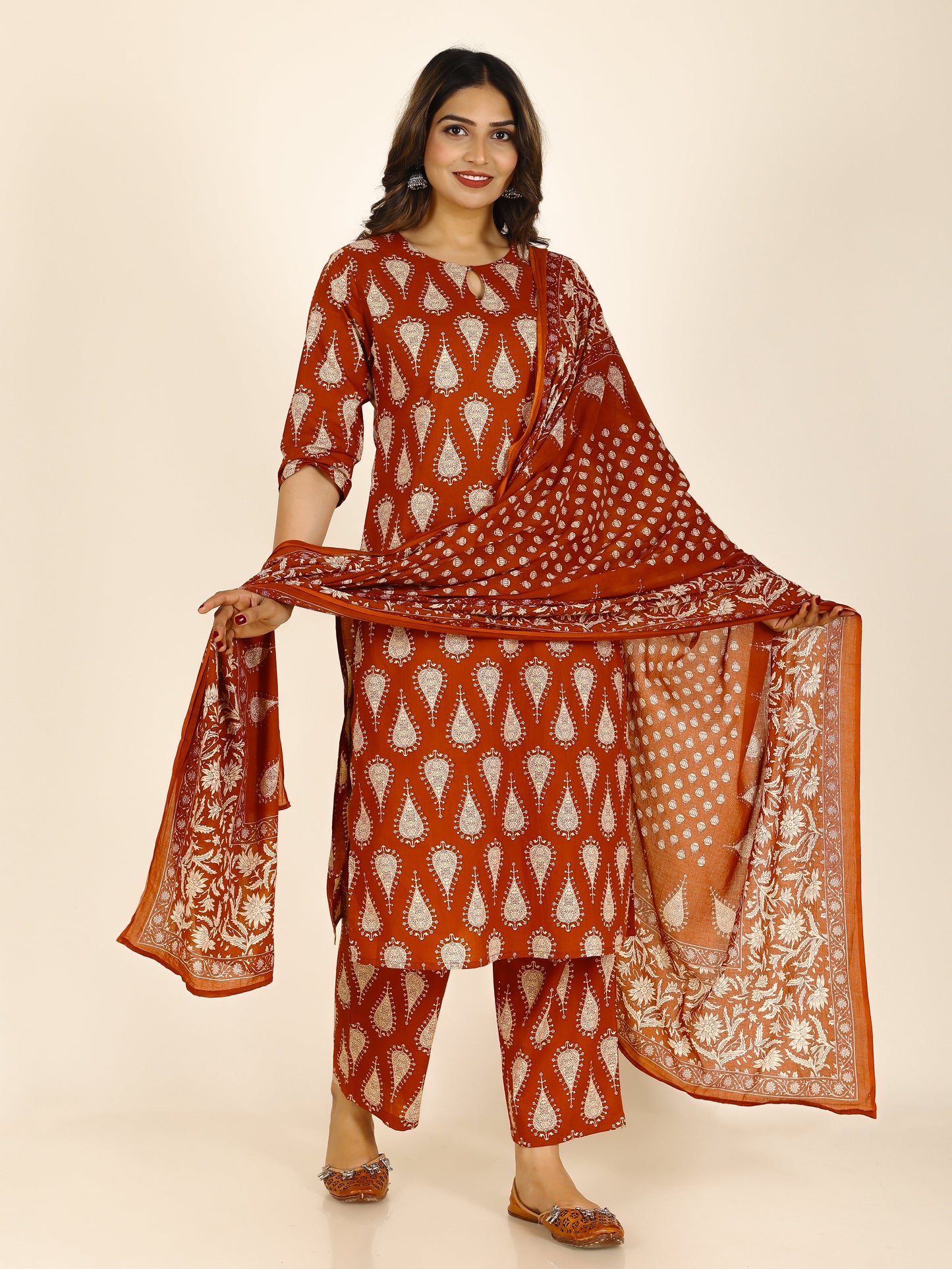 Soft Cotton Floral Straight Rust Orange Kurta