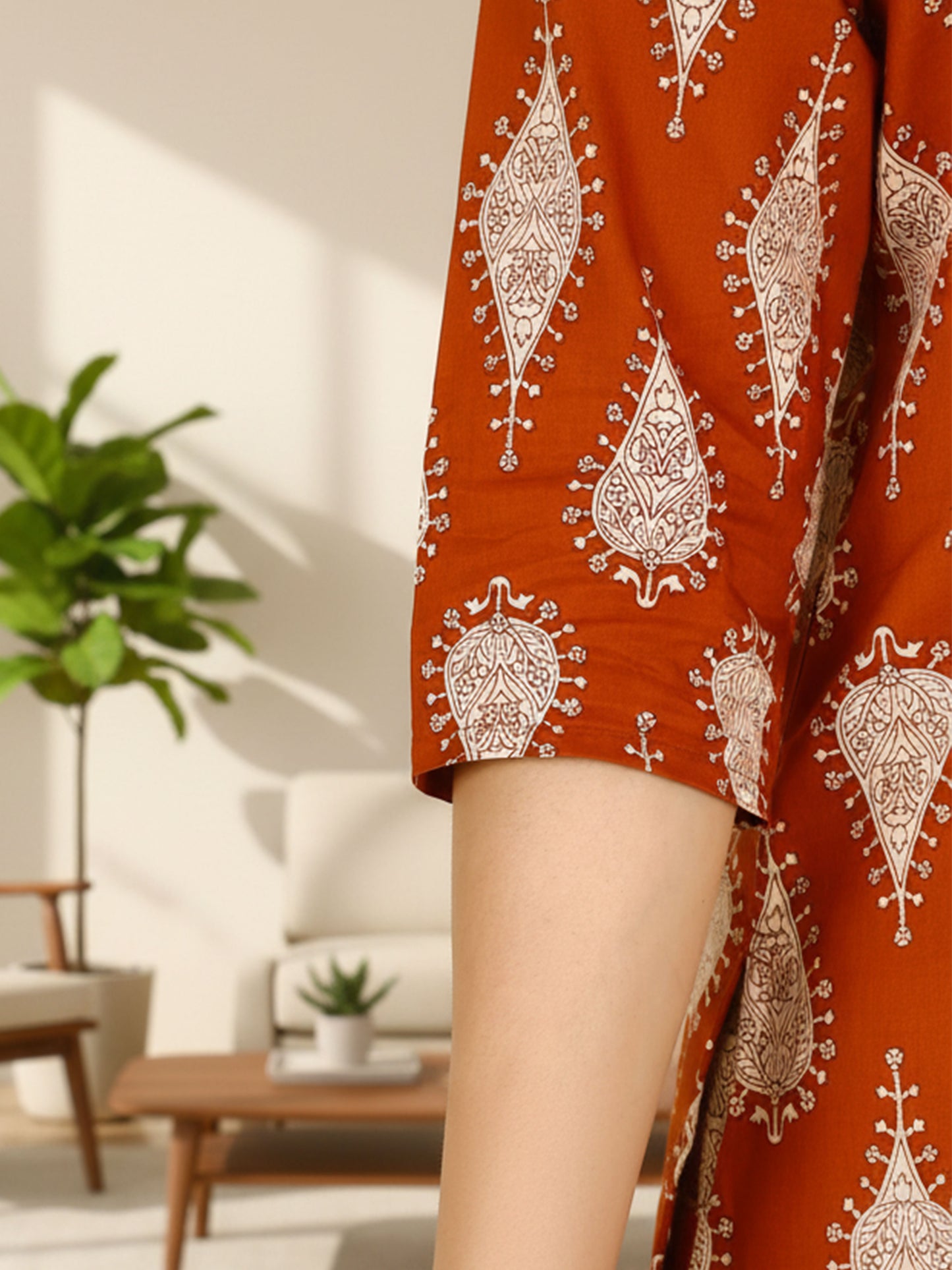 Soft Cotton Floral Straight Rust Orange Kurta