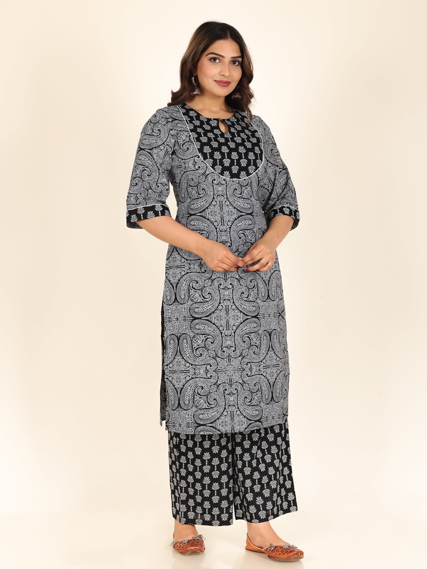 Soft Cotton Paisley Straight Black Kurta