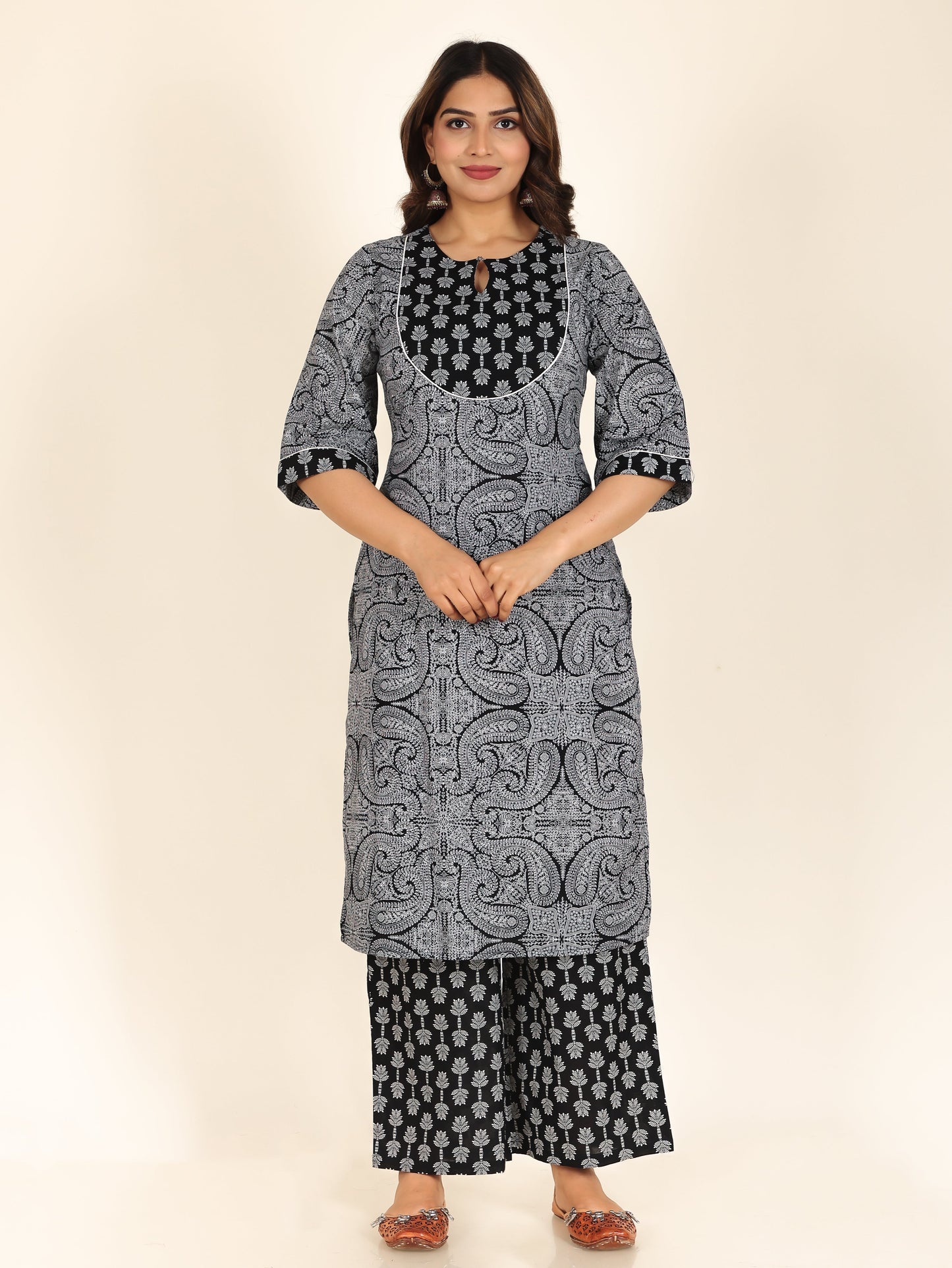 Soft Cotton Paisley Straight Black Kurta