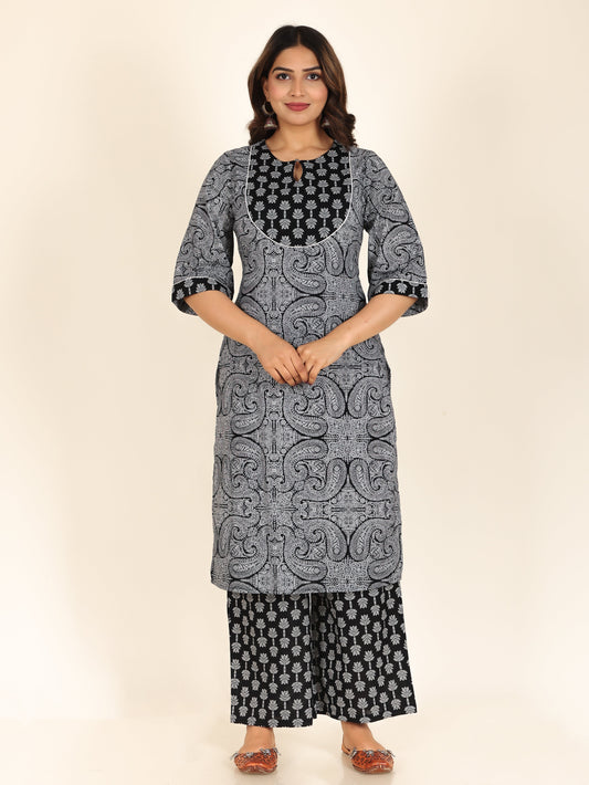 Soft Cotton Paisley Straight Black Kurta