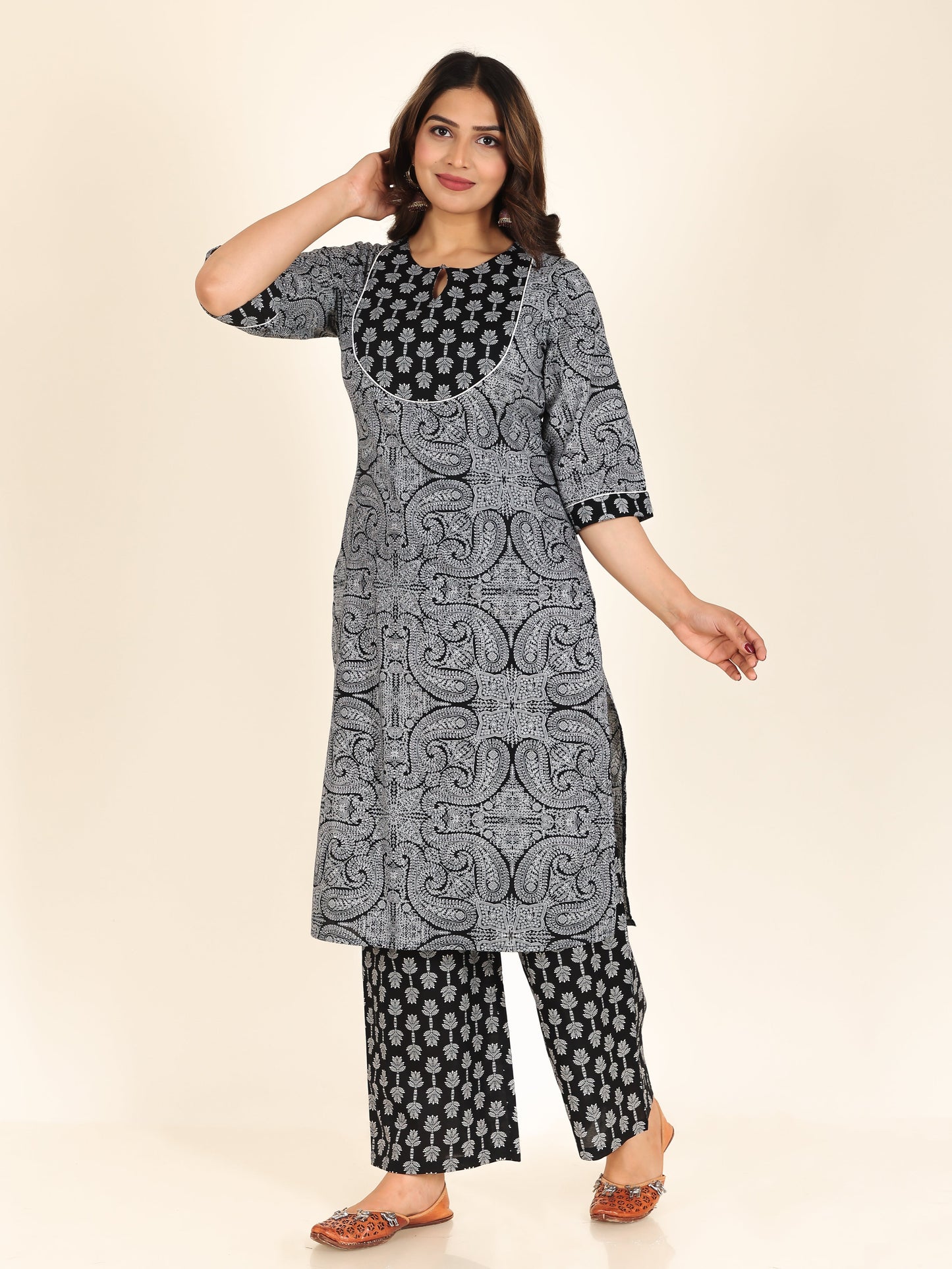 Soft Cotton Paisley Straight Black Kurta