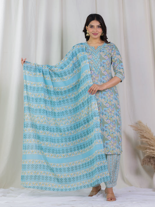 Cotton Voile Floral Blue Dupatta