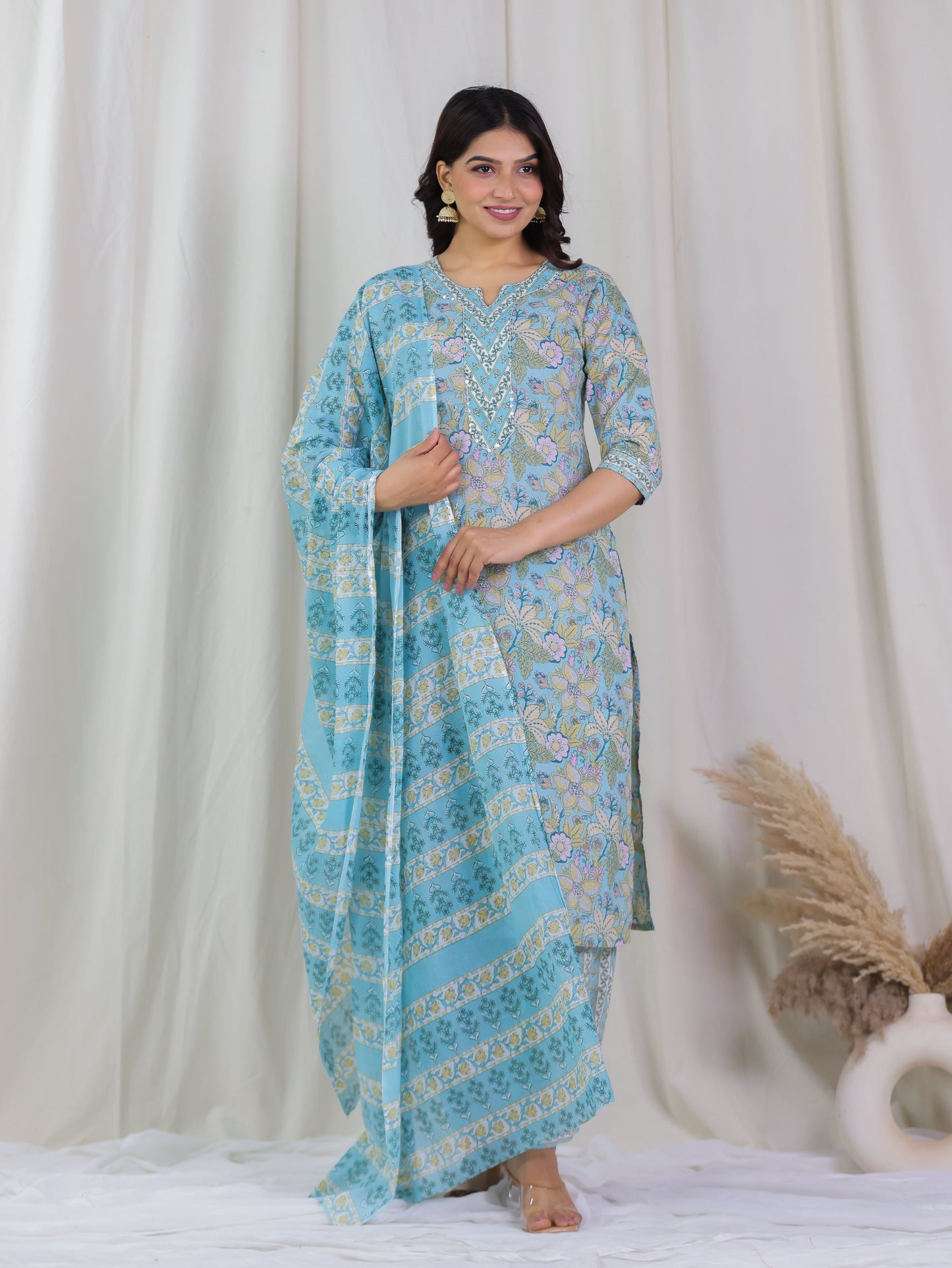 Cotton Voile Floral Blue Dupatta