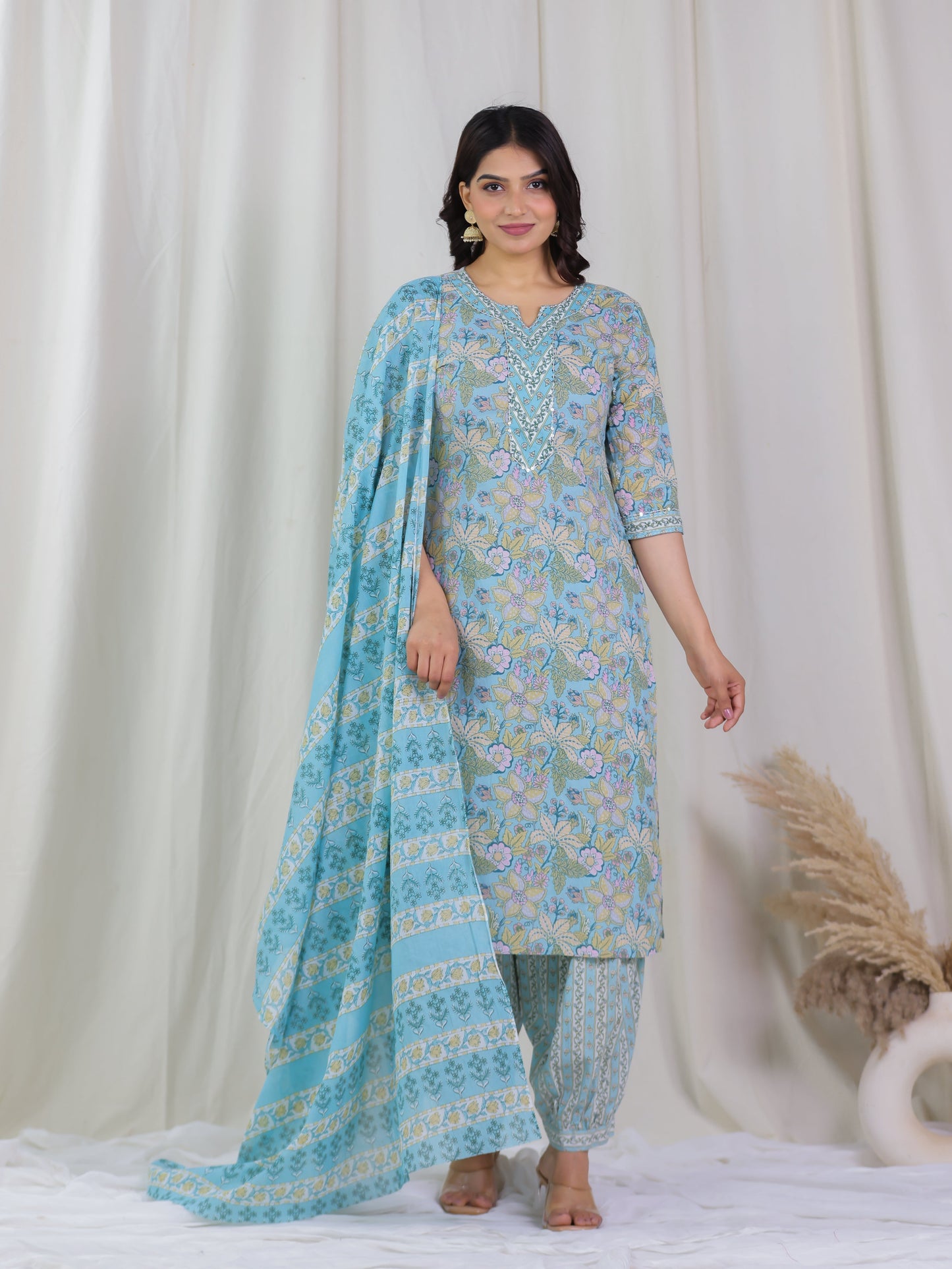 Cotton Voile Floral Blue Dupatta