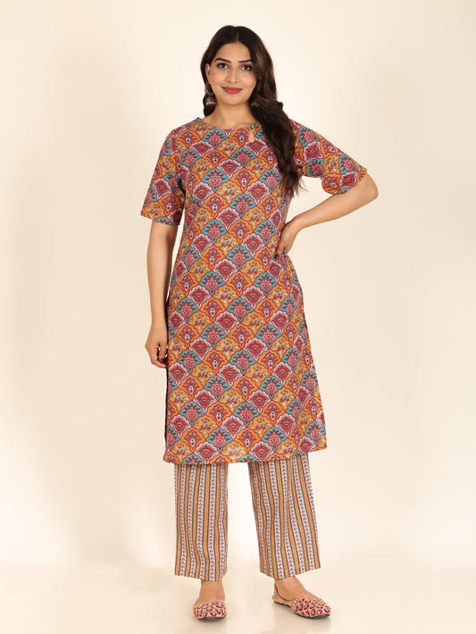 Soft Cotton Geometric Straight Yellow Kurta