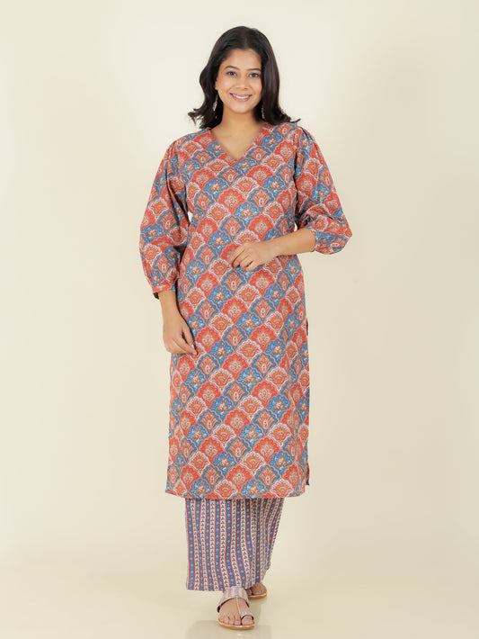 Soft Cotton Geometric Straight Red Kurta