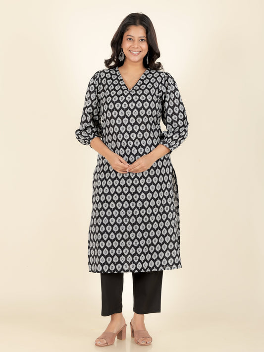 Soft Cotton Butti Straight Black Kurta