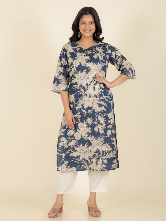 Soft Cotton Floral Straight Blue Kurta