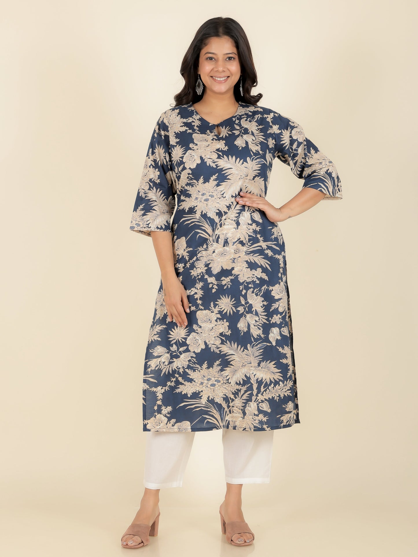 Soft Cotton Floral Straight Blue Kurta
