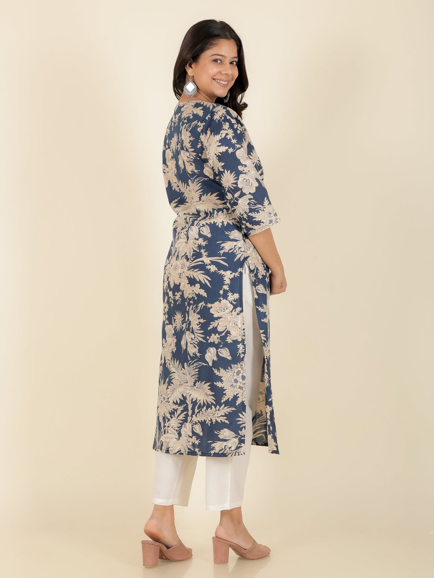 Soft Cotton Floral Straight Blue Kurta
