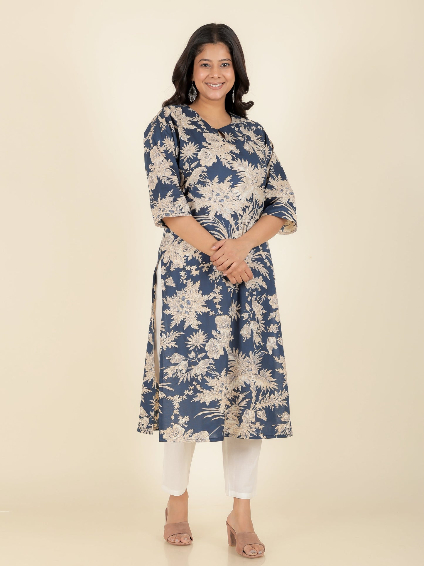 Soft Cotton Floral Straight Blue Kurta