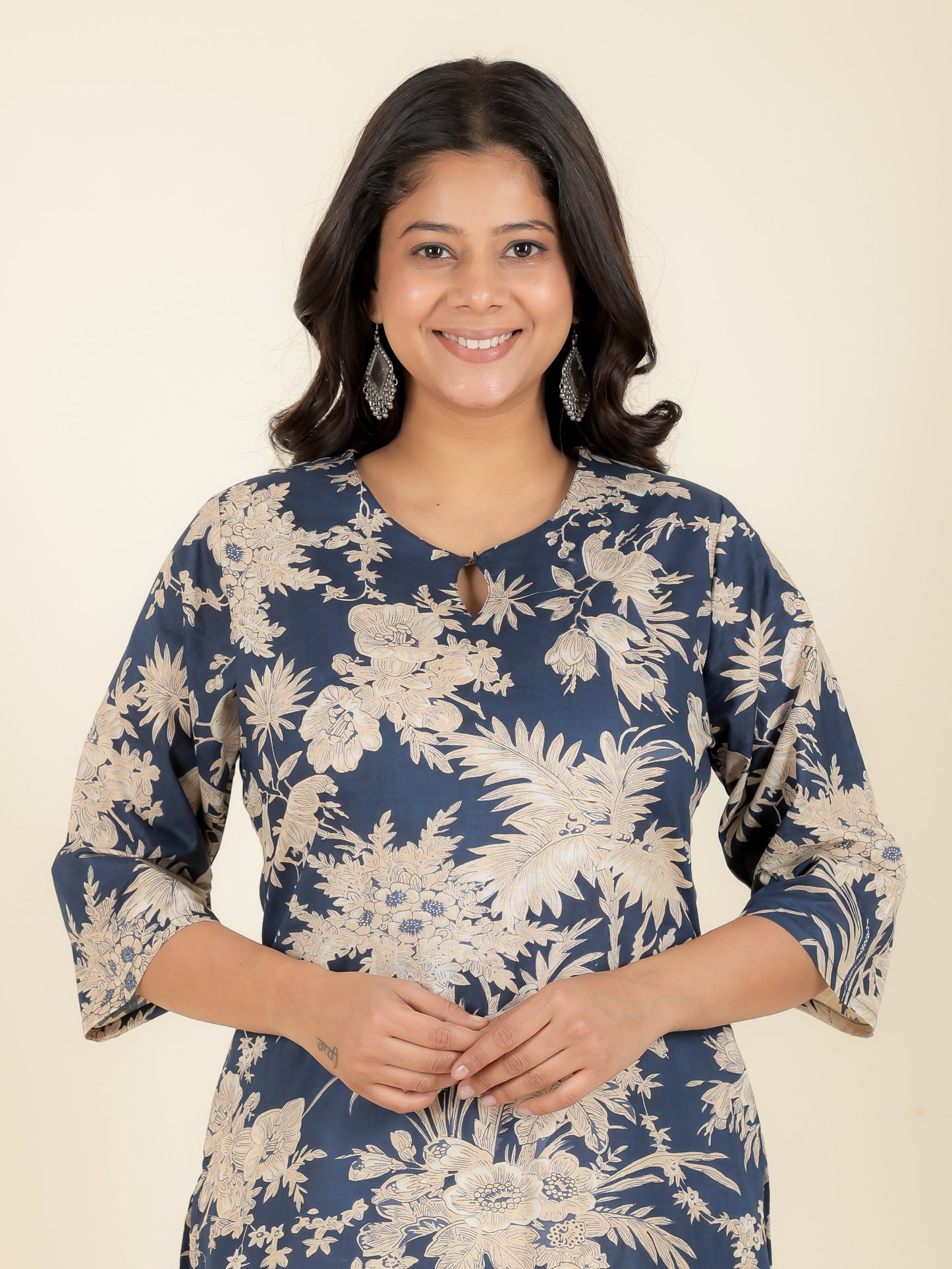 Soft Cotton Floral Straight Blue Kurta