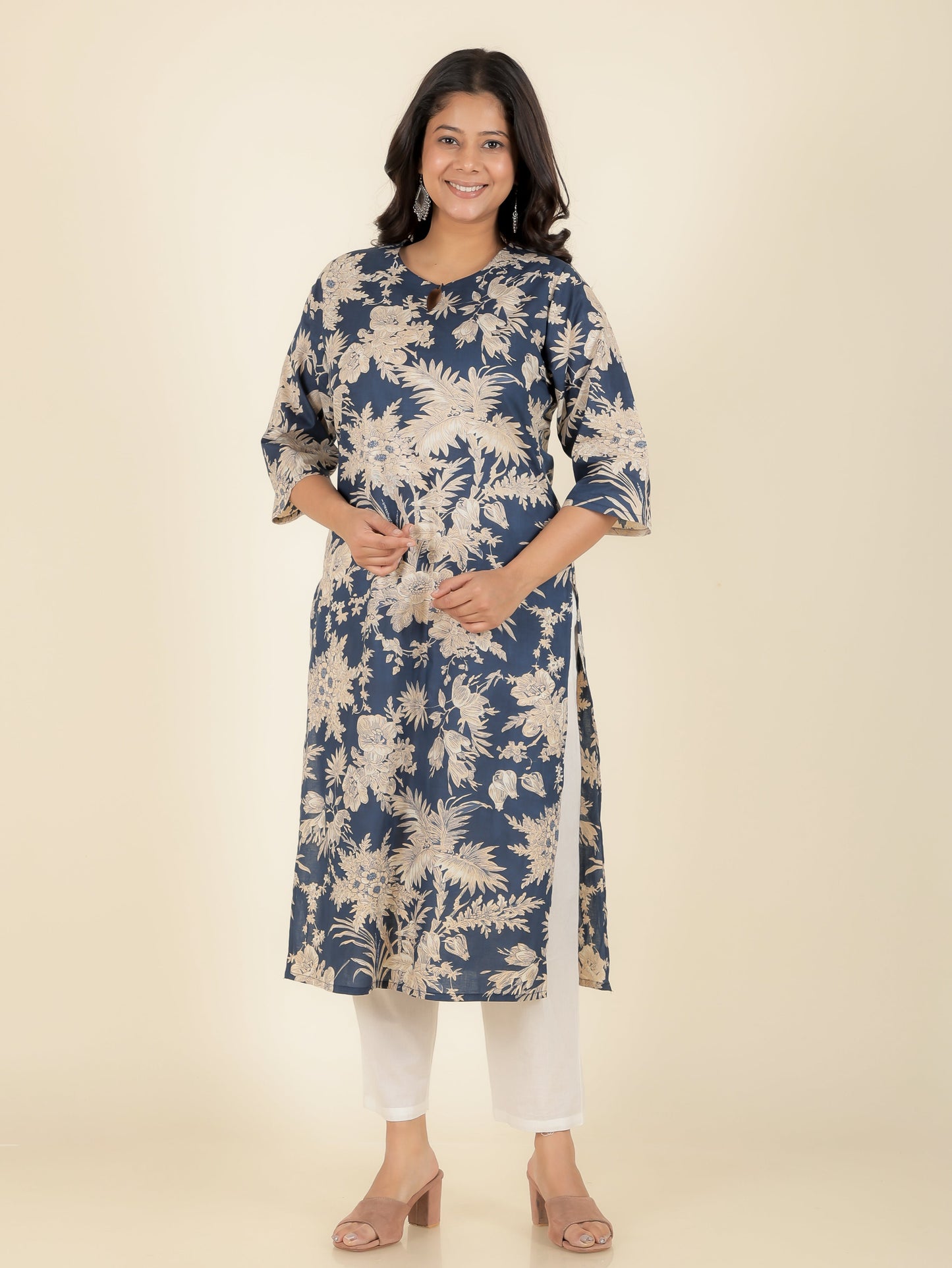 Soft Cotton Floral Straight Blue Kurta