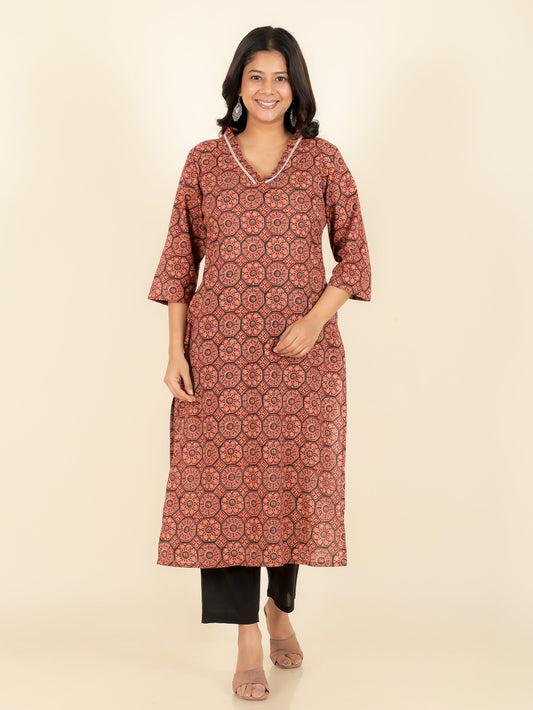 Soft Cotton Geometric Straight Red Kurta