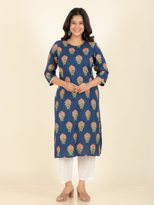 Viscose Floral Straight Blue Kurta