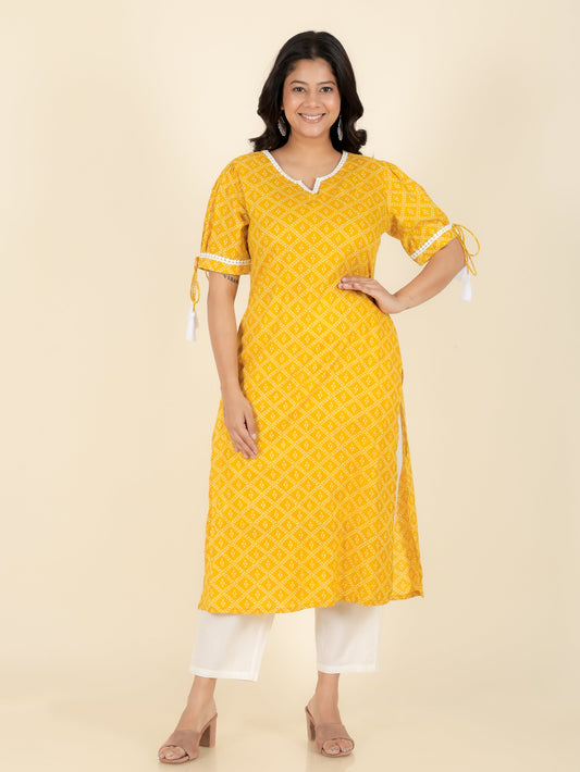 Soft Cotton Geometric Straight Yellow Kurta