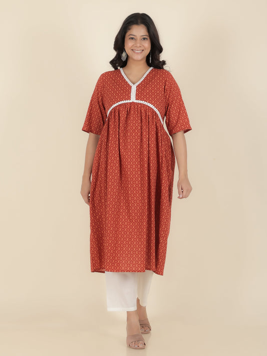 Soft Cotton Geometric Anarkali Red Kurta