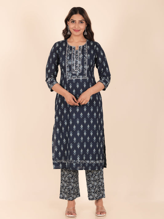 Soft Cotton Ikat Straight Blue Kurta