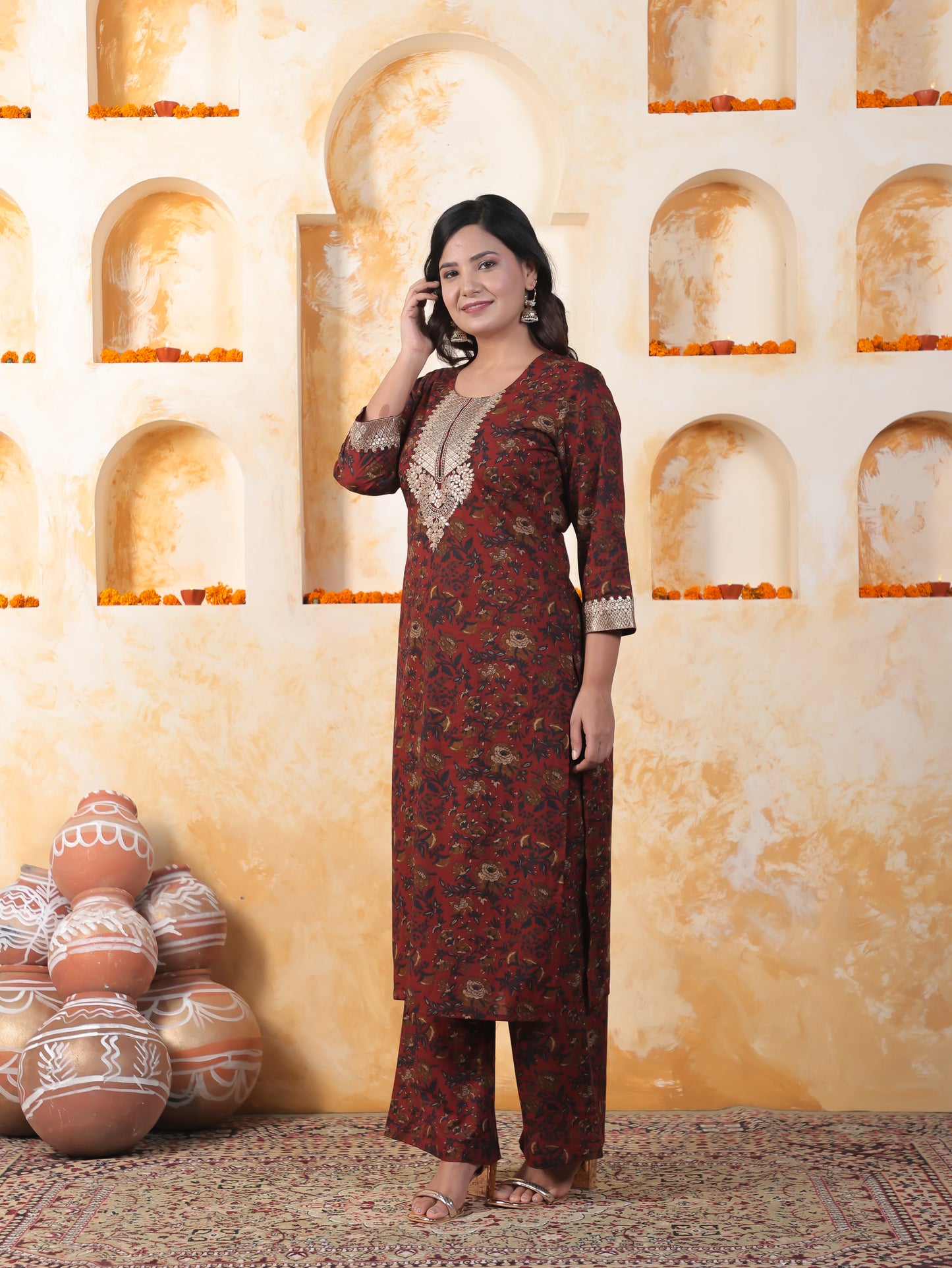 Embroidered Soft Cotton Floral Straight Maroon Kurta