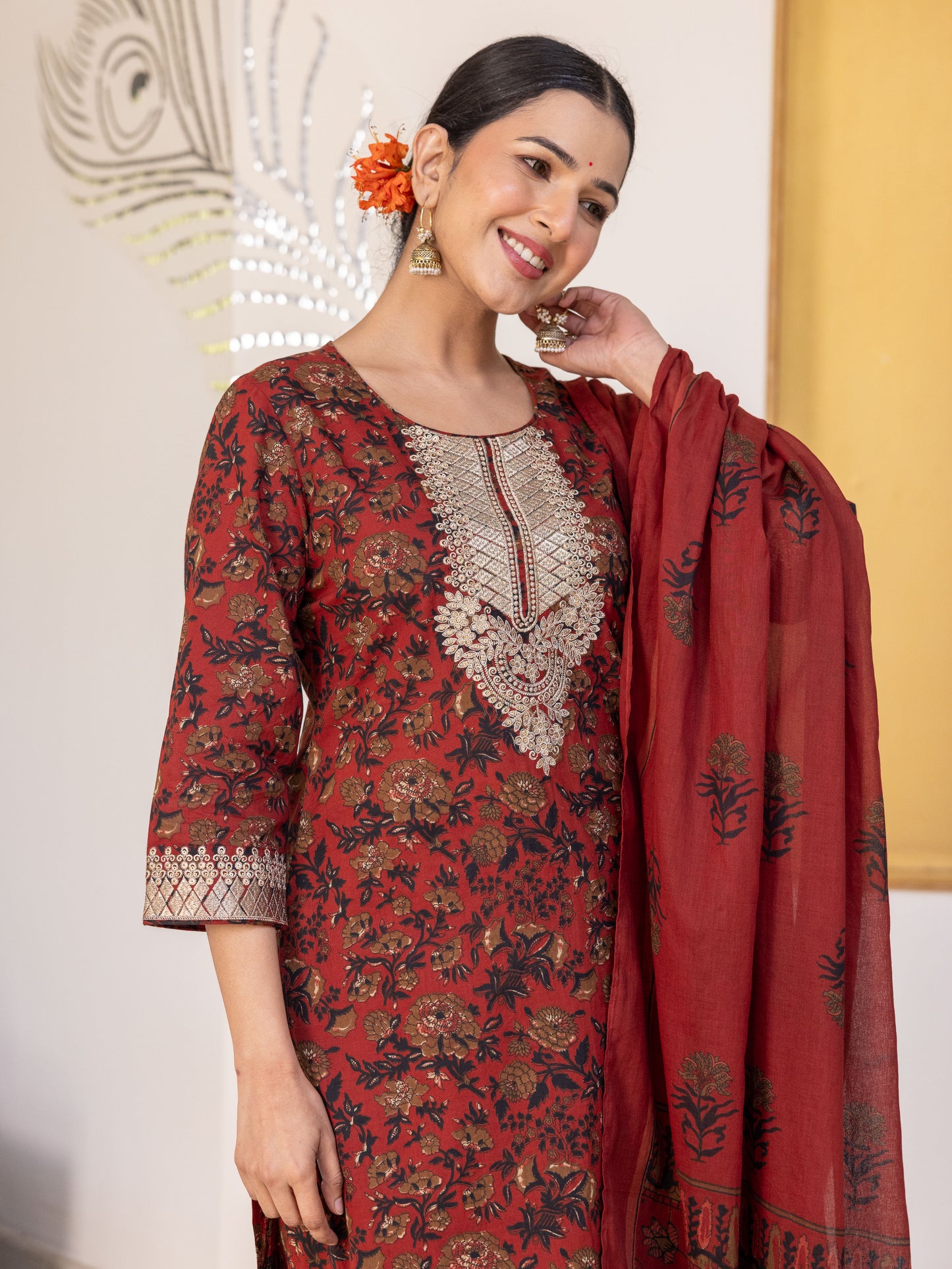 Soft Cotton Floral Straight Maroon Kurta