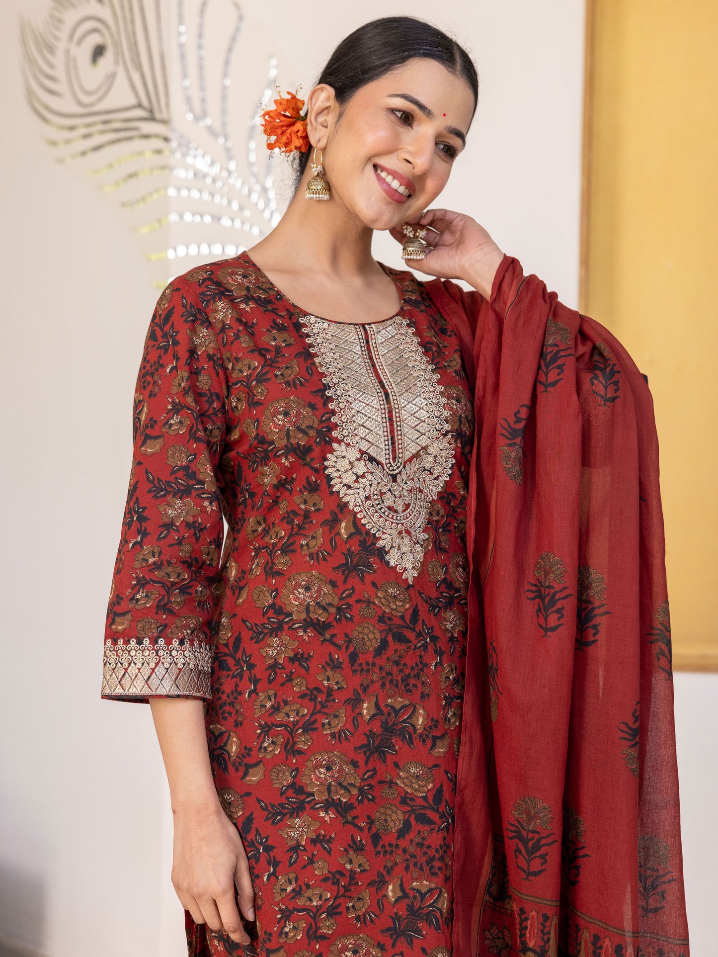 Embroidered Soft Cotton Floral Straight Maroon Kurta