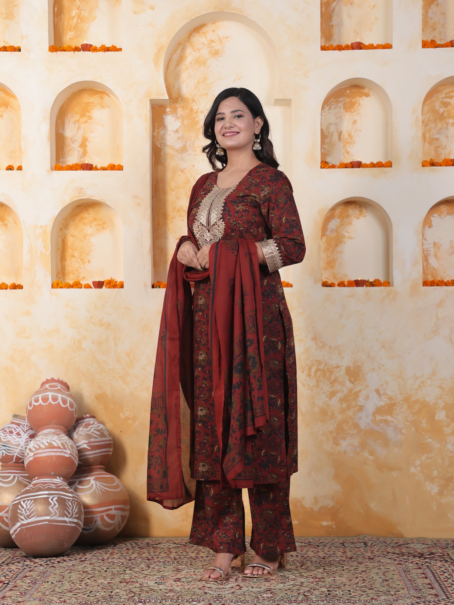 Embroidered Soft Cotton Floral Straight Maroon Kurta