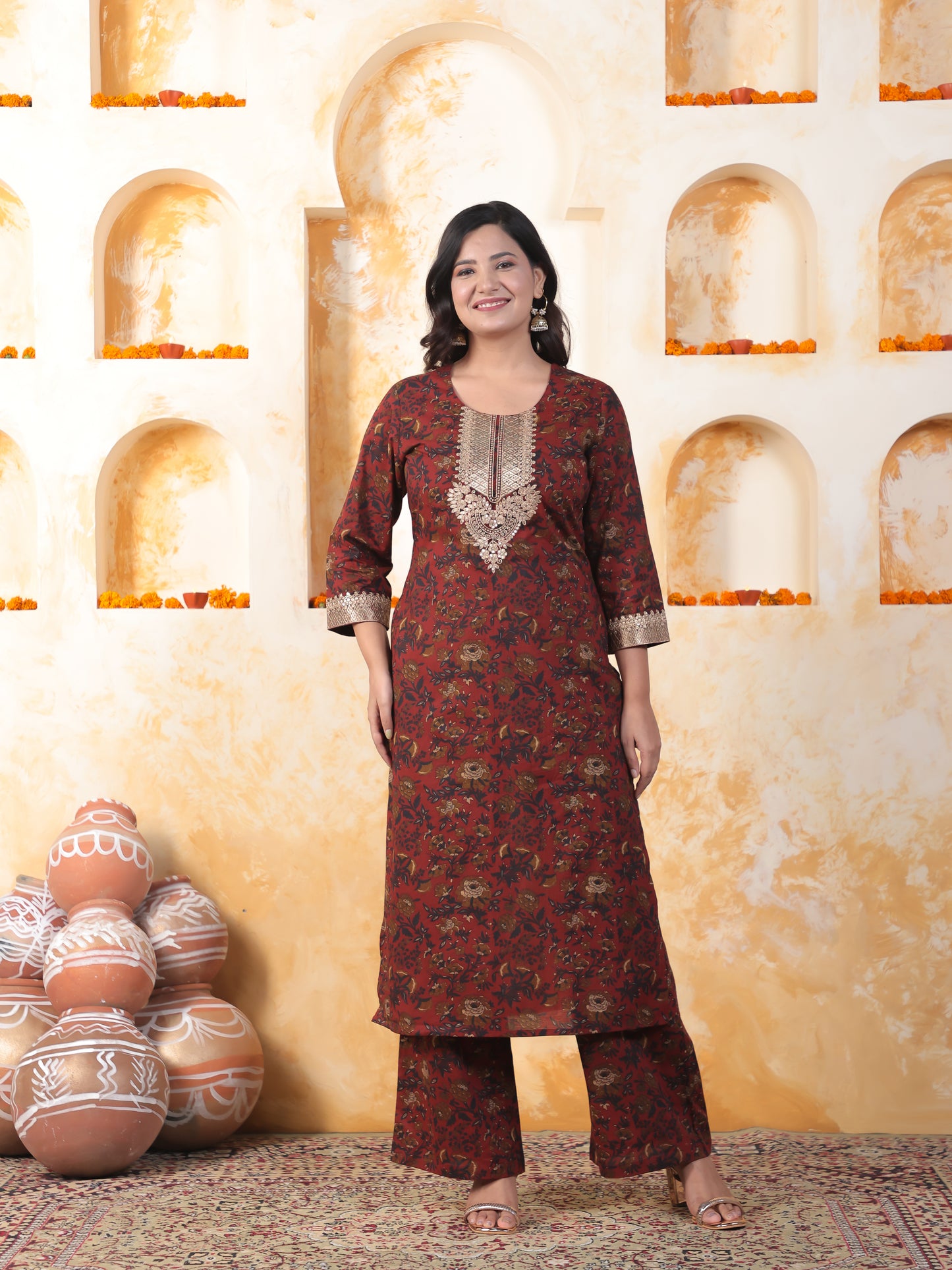 Embroidered Soft Cotton Floral Straight Maroon Kurta