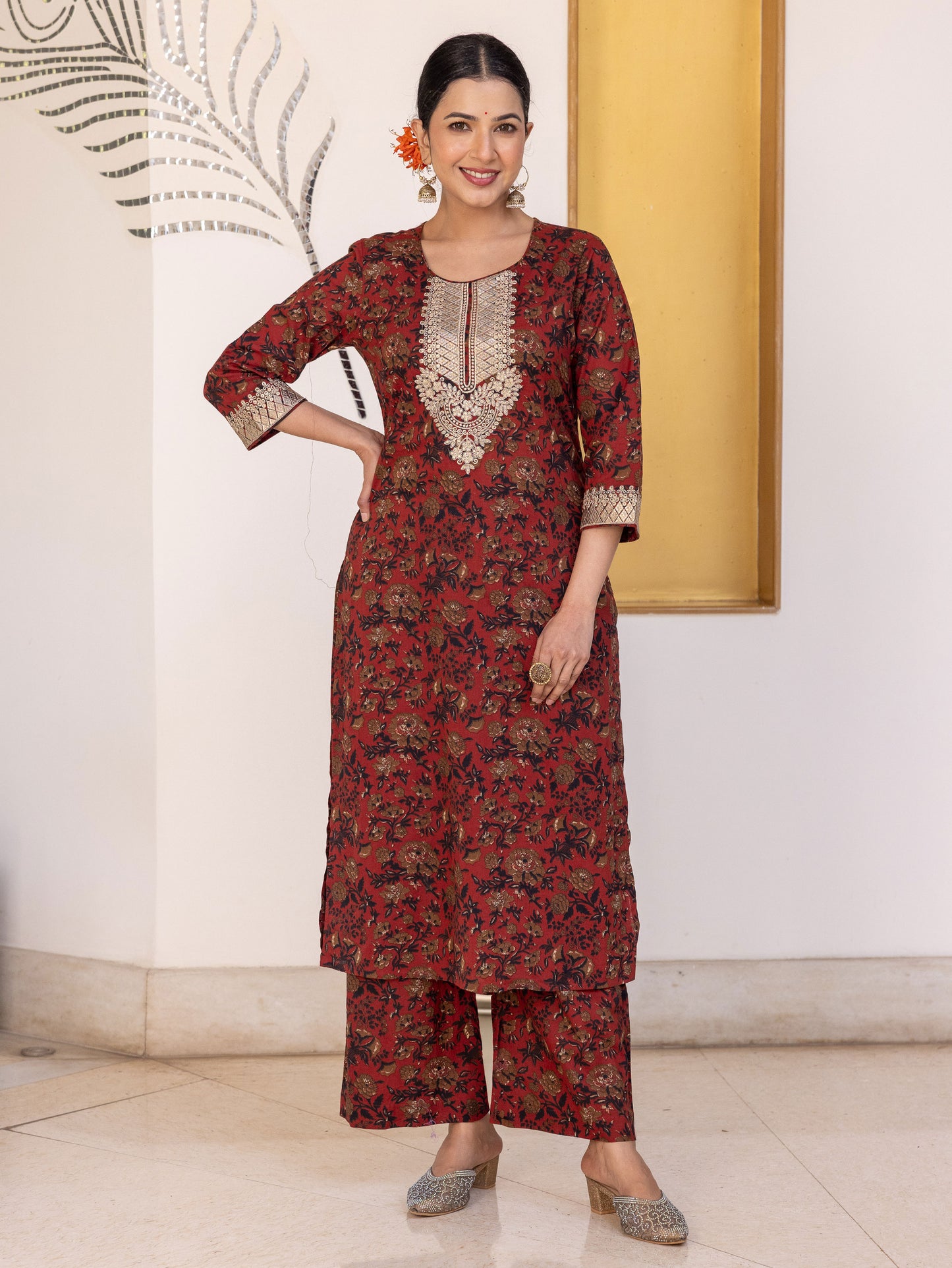 Embroidered Soft Cotton Floral Straight Maroon Kurta