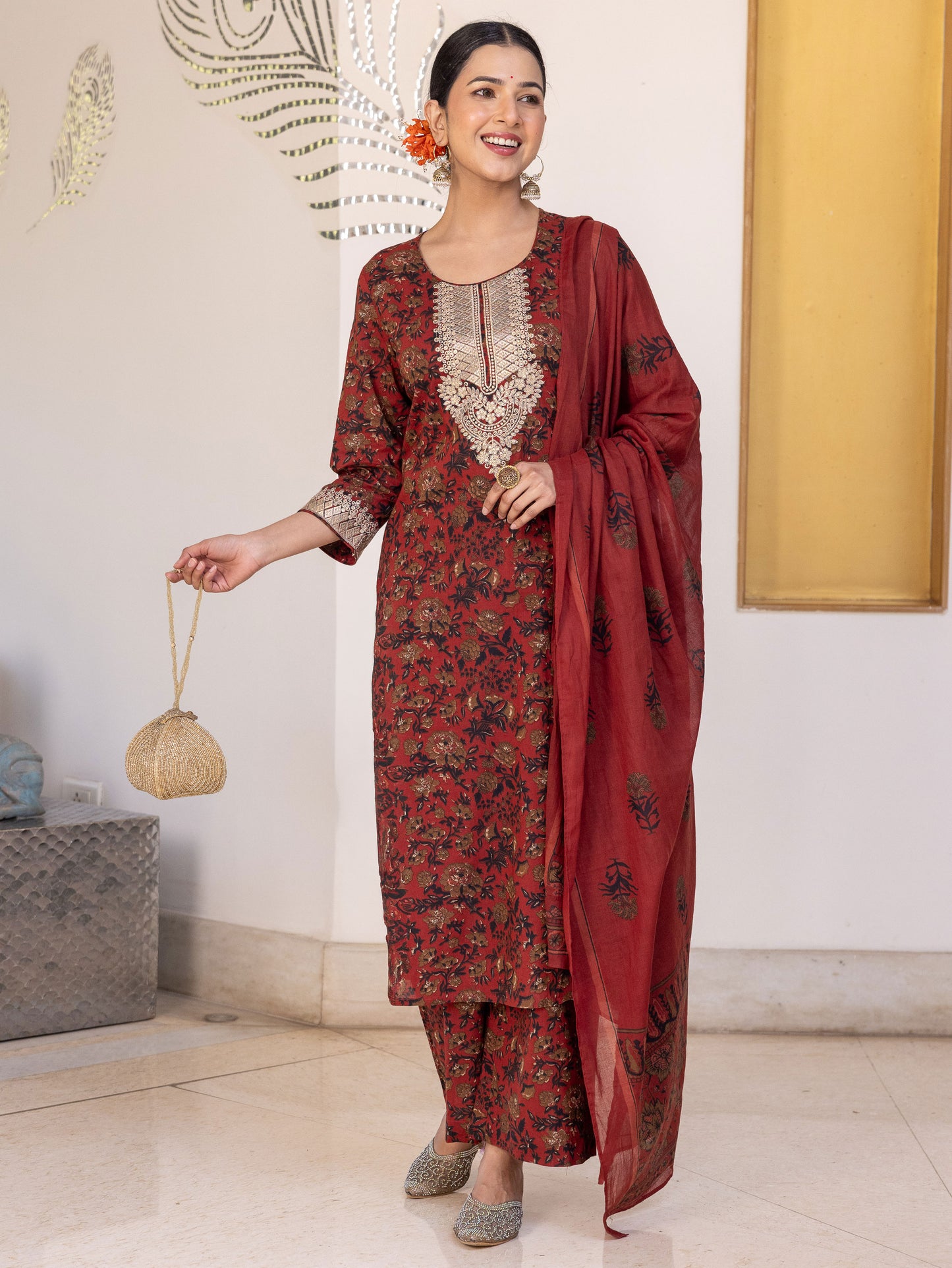 Embroidered Soft Cotton Floral Straight Maroon Kurta