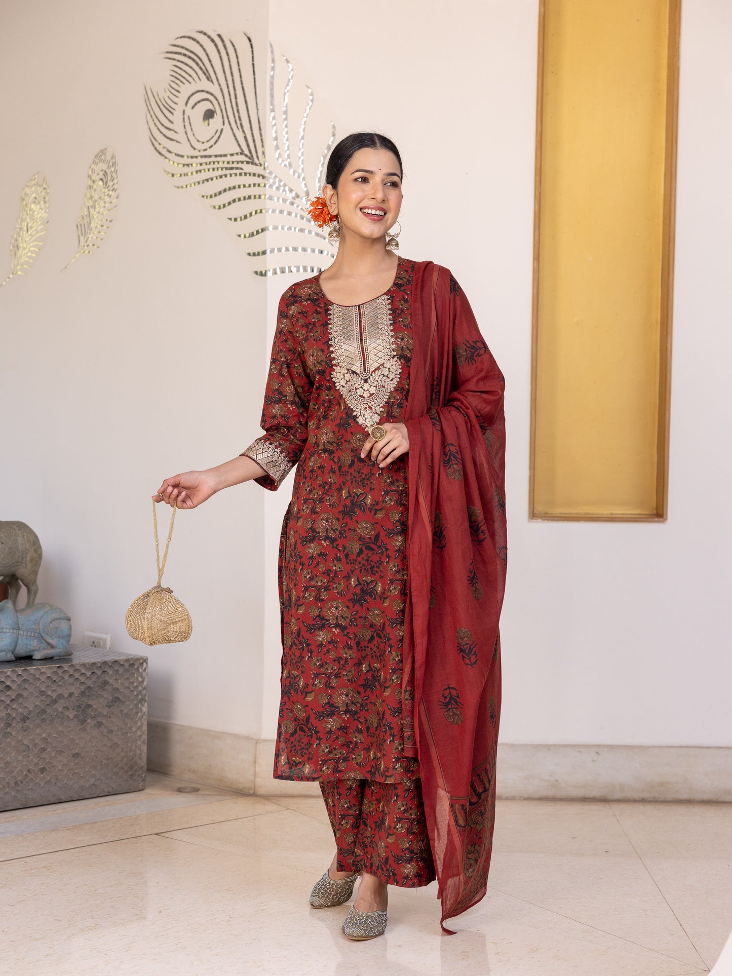Soft Cotton Floral Straight Maroon Kurta
