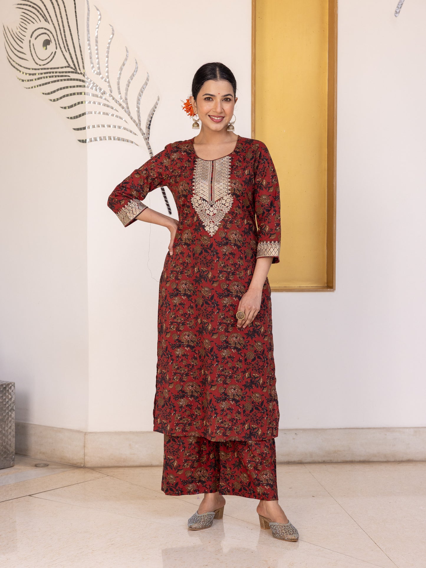 Soft Cotton Floral Straight Maroon Kurta